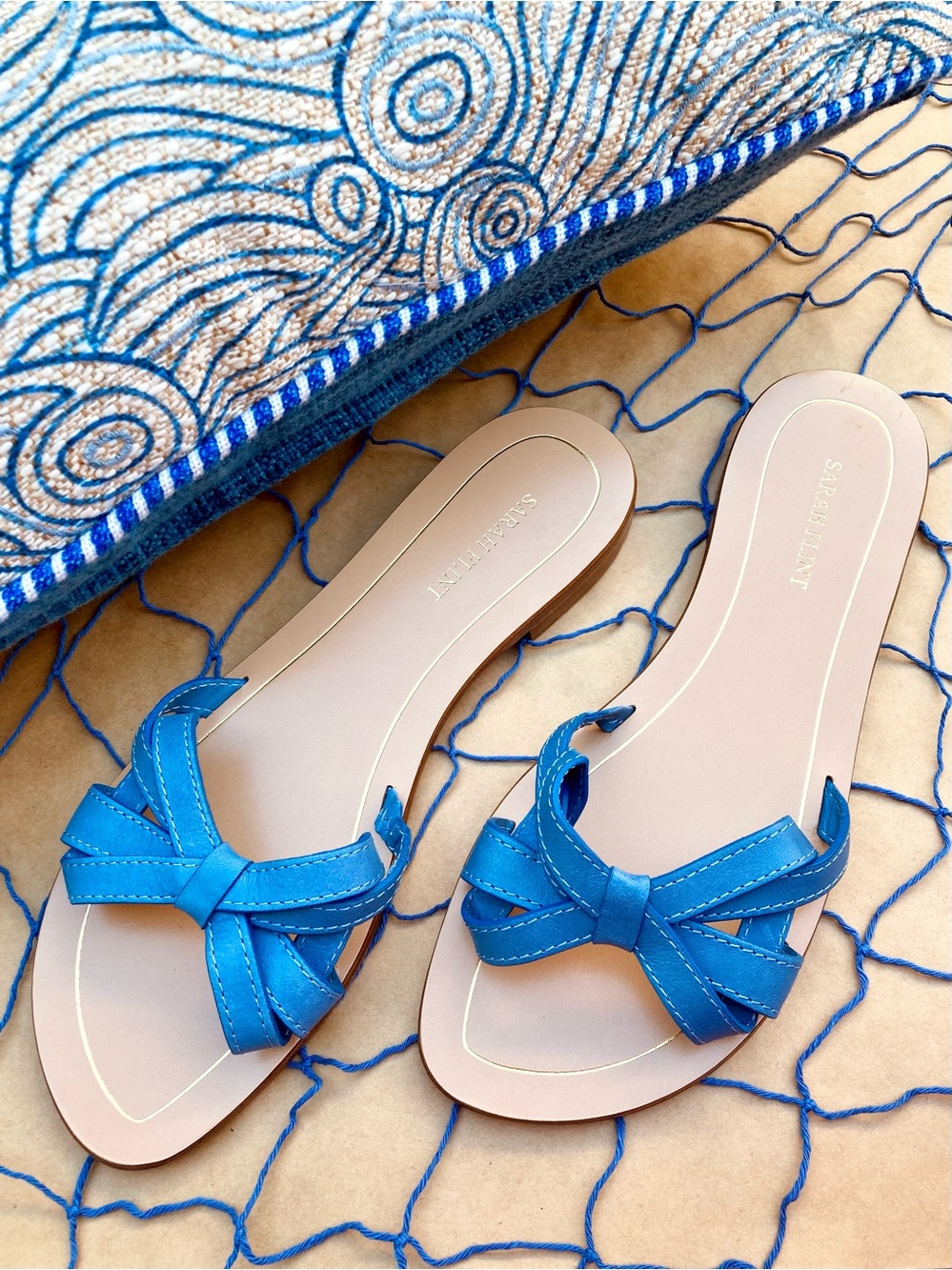 Sarah Flint ❉ Mirjana Bow Flat Slide Sandals in Amalfi Blue Vachetta Size 38 8
